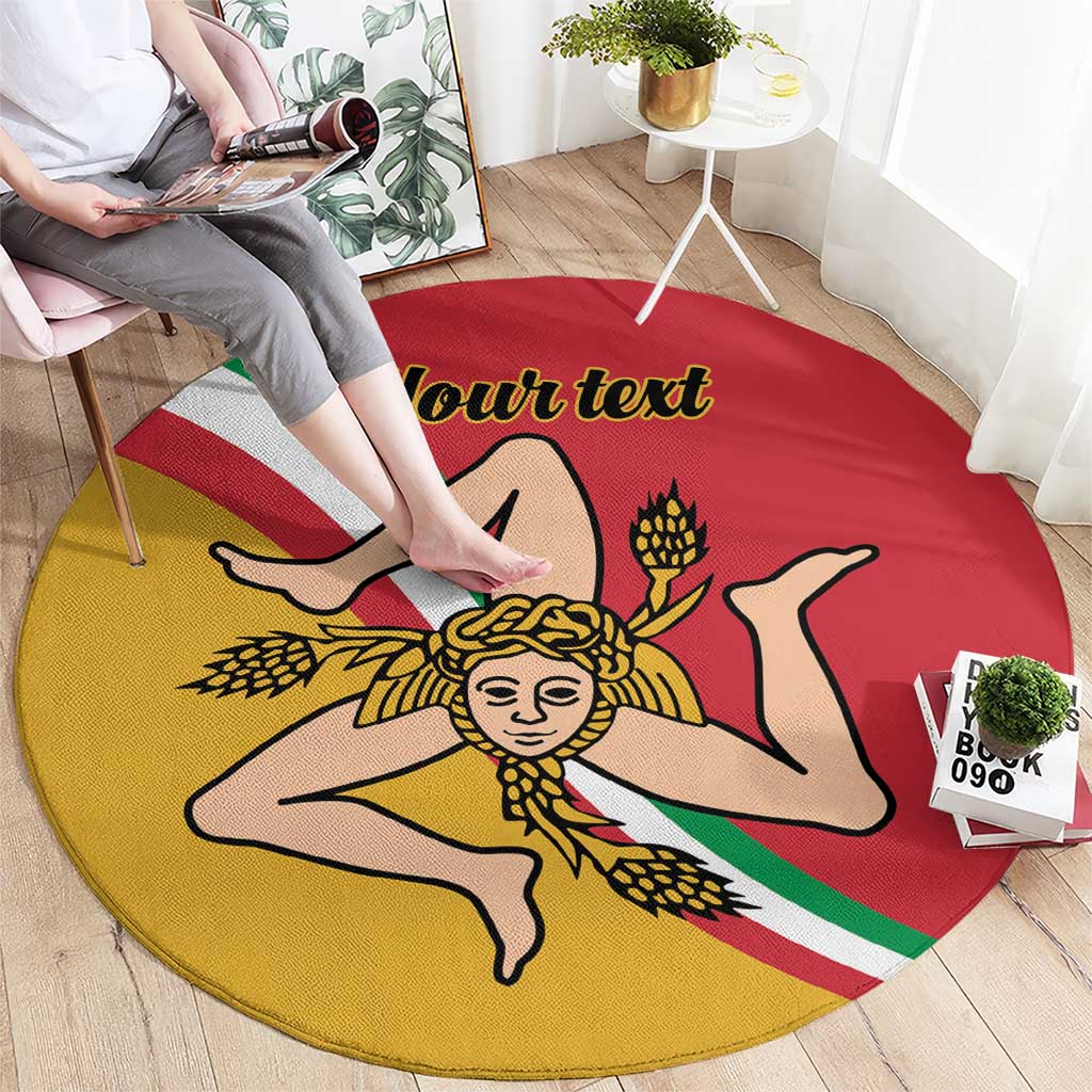 Round carpet with Sicily flag triskelion emblem, yellow border, and custom text on top