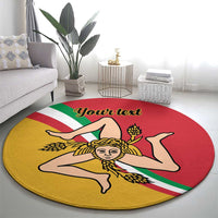 Personalized round carpet featuring Sicily flag triskelion emblem and custom text, full view