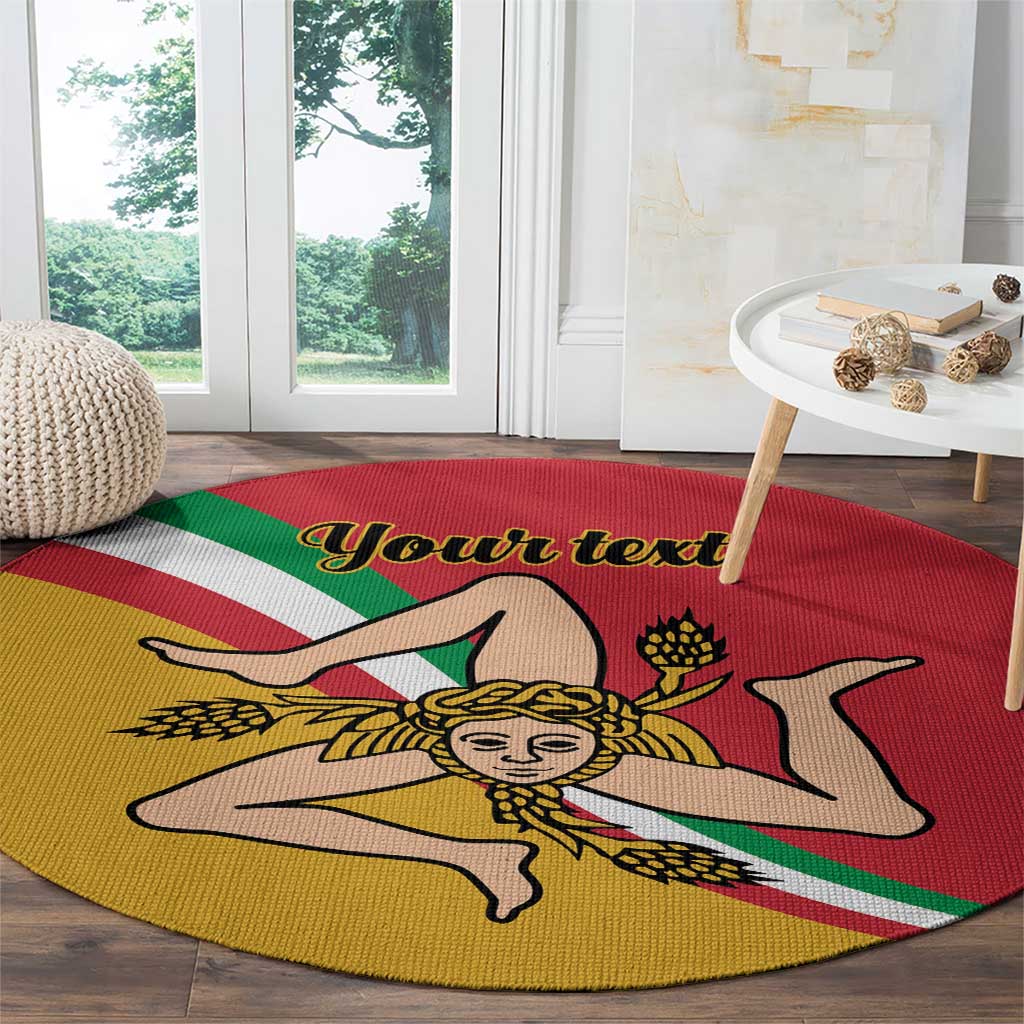 Round carpet with Sicily flag triskelion emblem and green-white-red stripes, custom text
