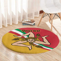 Personalized round carpet with Sicily flag triskelion emblem, red center, custom text