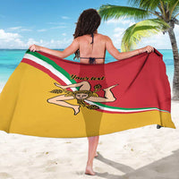 Personalized Sicily flag sarong draped around shoulders, red and yellow tricolor with 'Your text'
