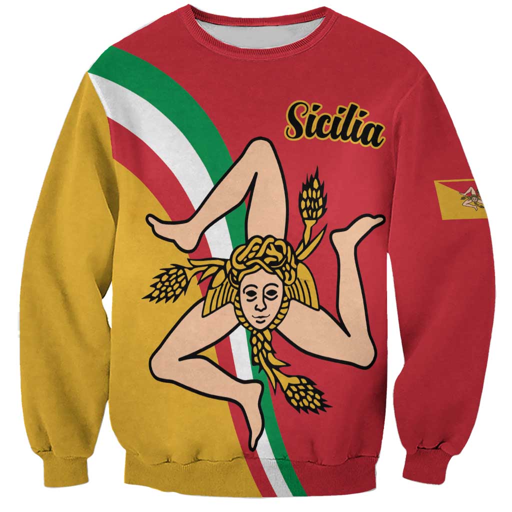 Red crewneck sweatshirt with Sicily flag print and 'Sicilia' text on chest