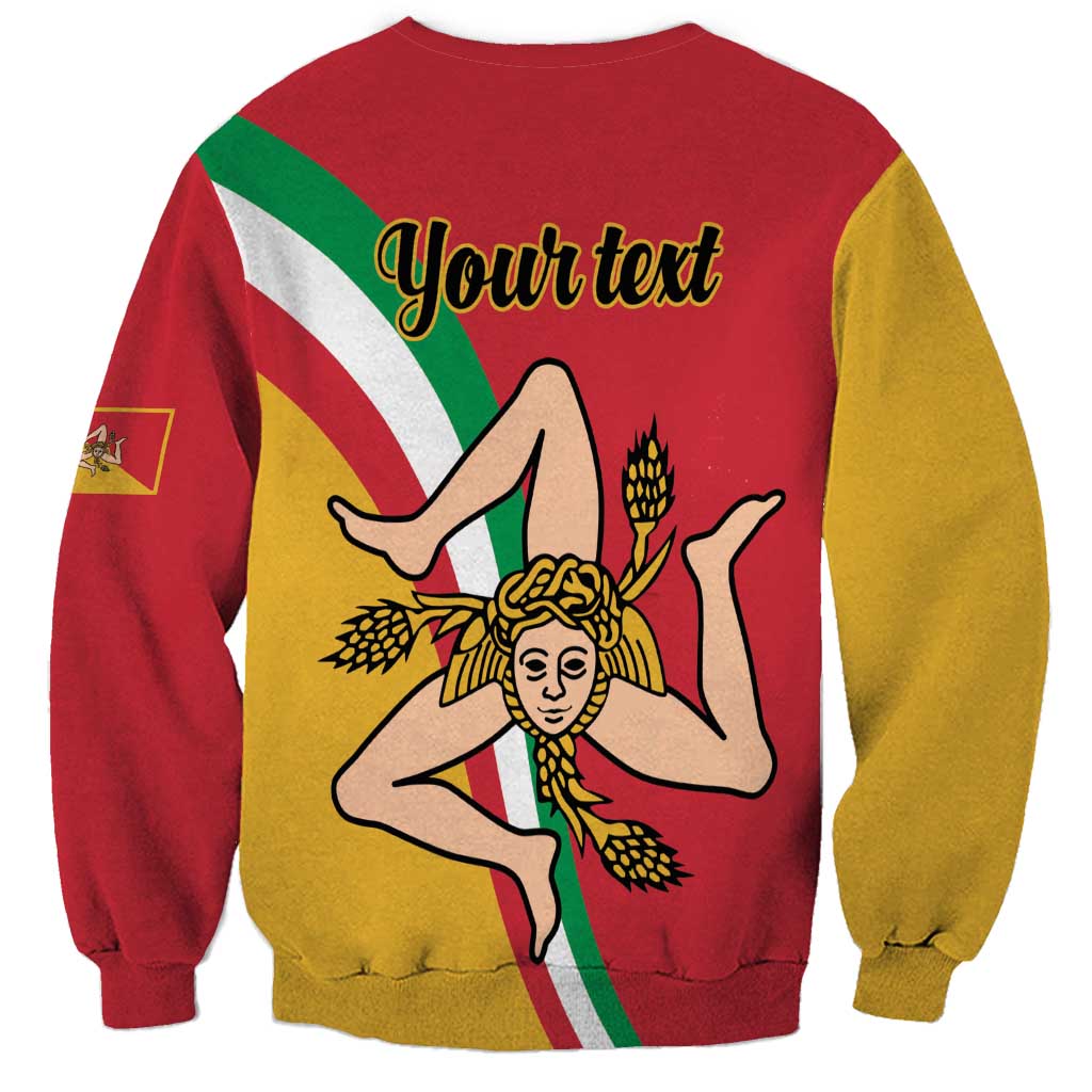 Red crewneck sweatshirt with Sicily flag print and 'Your text' graphic