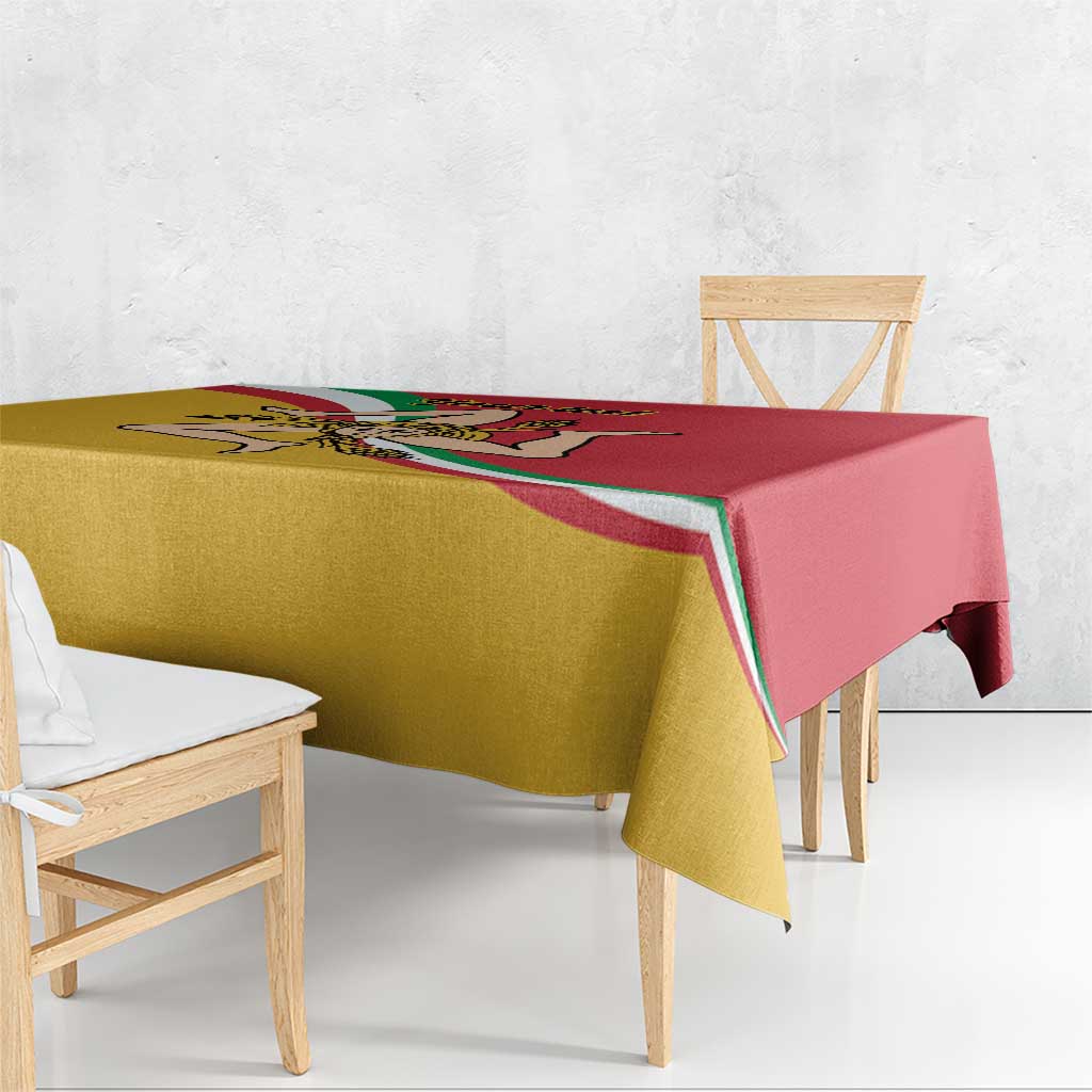 Square tablecloth draped over a table, showing Sicilian flag emblem in red and gold