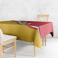 Square tablecloth draped over a table, showing Sicilian flag emblem in red and gold