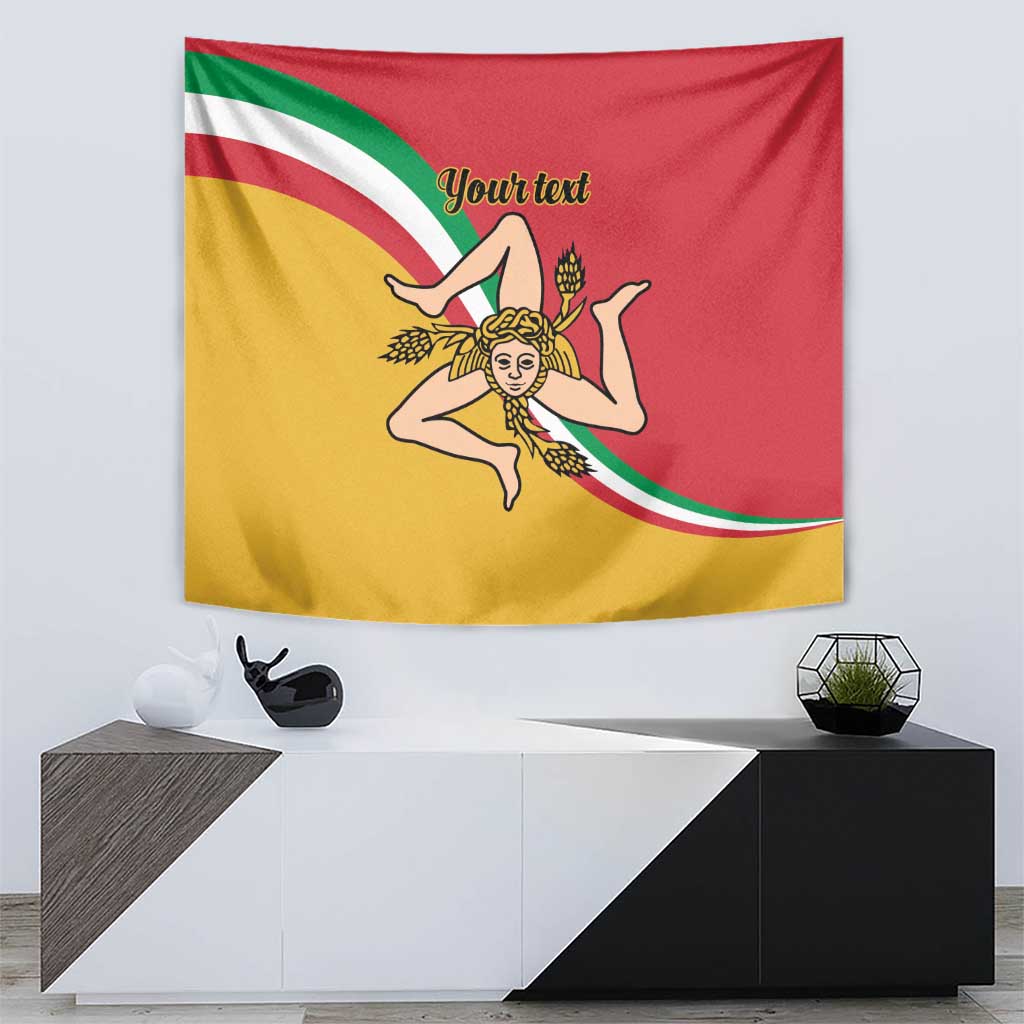 Sicily flag tapestry showing tricolor design; crowned female figure with 'Yourtext'