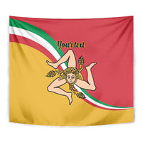 Close-up Sicily flag tapestry, red yellow green; crowned female figure and 'Yourtext'