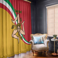 Sicilian flag curtain with red and yellow panels and triskelion emblem, wide view