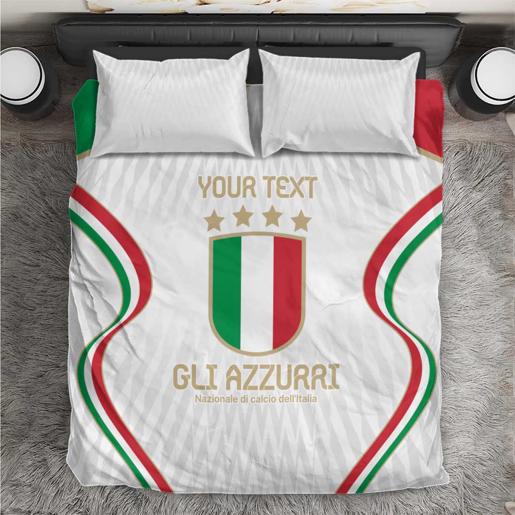 White football duvet cover with Italian crest, green and red wave accents, and two pillows