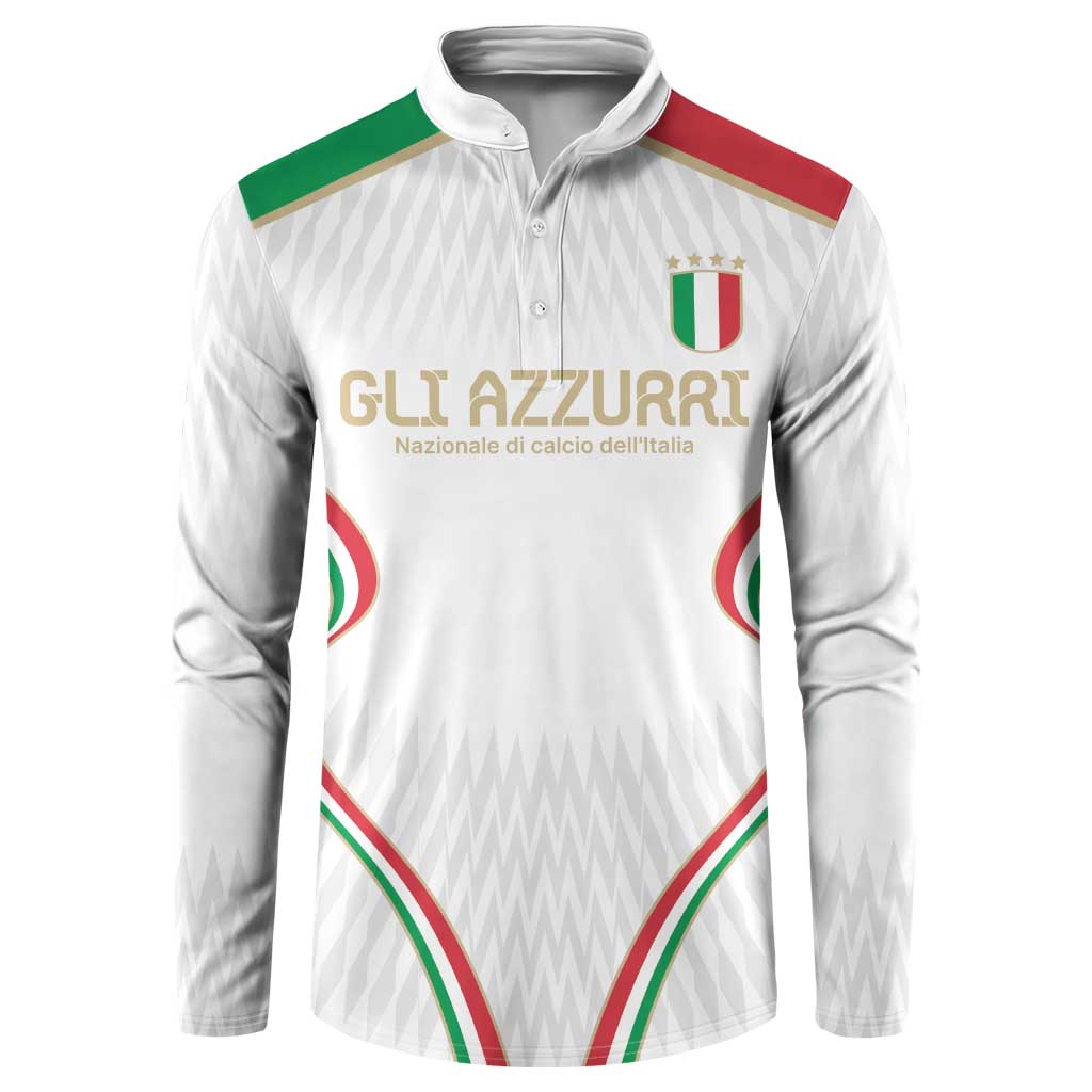 White Italy football button sweatshirt with green-red collar accents and crest logo