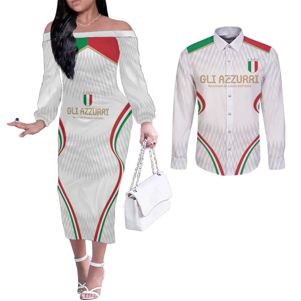 Custom Italy Football Couples Matching Off The Shoulder Long Sleeve Dress and Long Sleeve Button Shirt Gli Azzurri Sporty Style