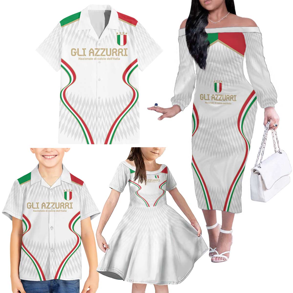 Custom Italy Football Family Matching Off The Shoulder Long Sleeve Dress and Hawaiian Shirt Gli Azzurri Sporty Style - Wonder Print Shop