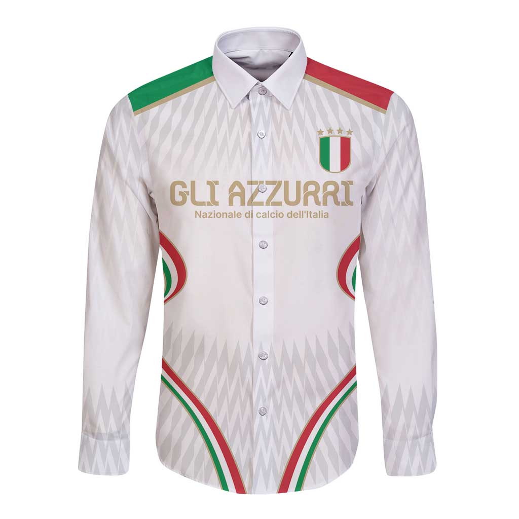 White long-sleeve button football shirt with 'GLI AZZURRI' front print, green-red trim