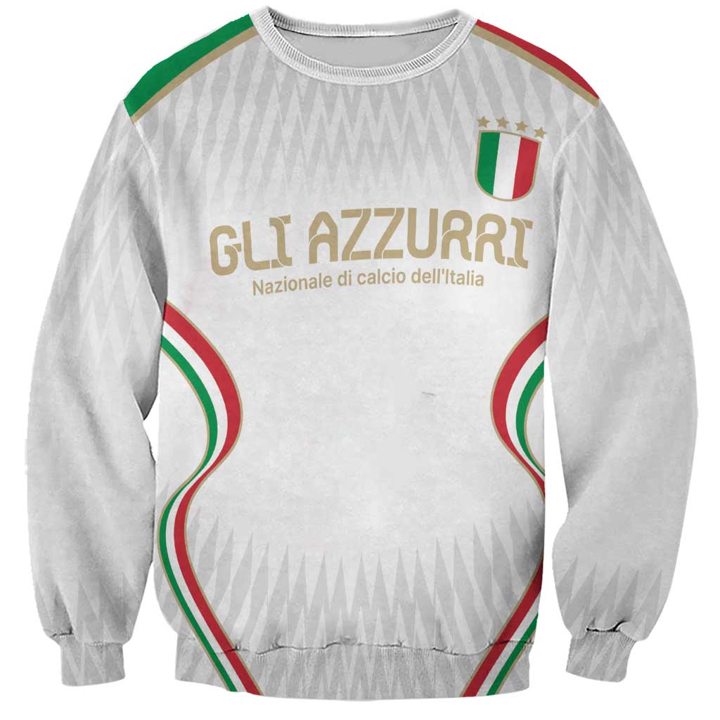 Custom Italy football sweatshirt, white knit with Gli Azzurri crest and red green ribbon