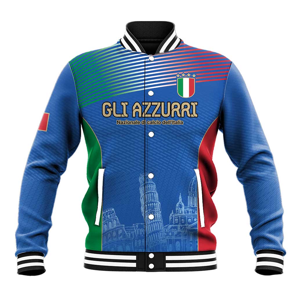 Blue varsity baseball jacket with striped sleeves, button front, ribbed collar and cuffs