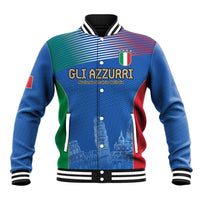 Blue varsity baseball jacket with striped sleeves, button front, ribbed collar and cuffs