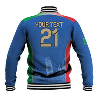 Blue baseball jacket back view with 21 print, striped panels, ribbed hem and cuffs