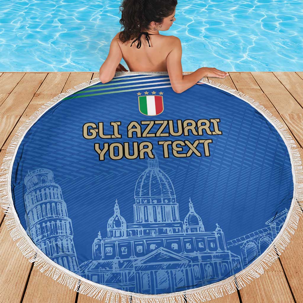 Round blue Italy beach blanket with fringed edge, 'GLI AZZURRI YOUR TEXT' and landmark skyline.