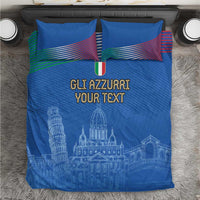 Blue duvet cover with two matching pillows, “GLI AZZURRI YOUR TEXT” and Italy skyline art