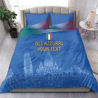 Blue Italy football bedding set on bed with two pillows featuring “GLI AZZURRI YOUR TEXT”