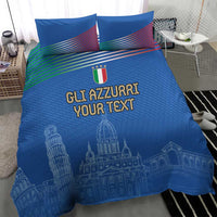 Blue duvet with two pillows showing “GLI AZZURRI YOUR TEXT” and skyline illustration