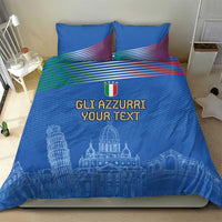 Blue Italy-themed bedding set with two pillows, “GLI AZZURRI YOUR TEXT” and tower skyline