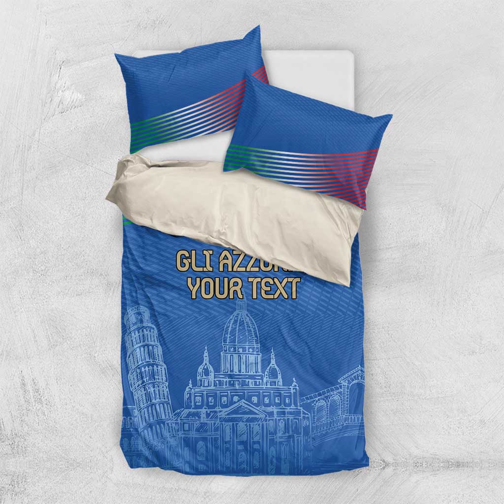 Blue duvet cover and two pillows with “GLI AZZURRI YOUR TEXT” and skyline print