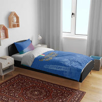 Blue Italy football bedding set on bed with two pillows and “GLI AZZURRI YOUR TEXT” design