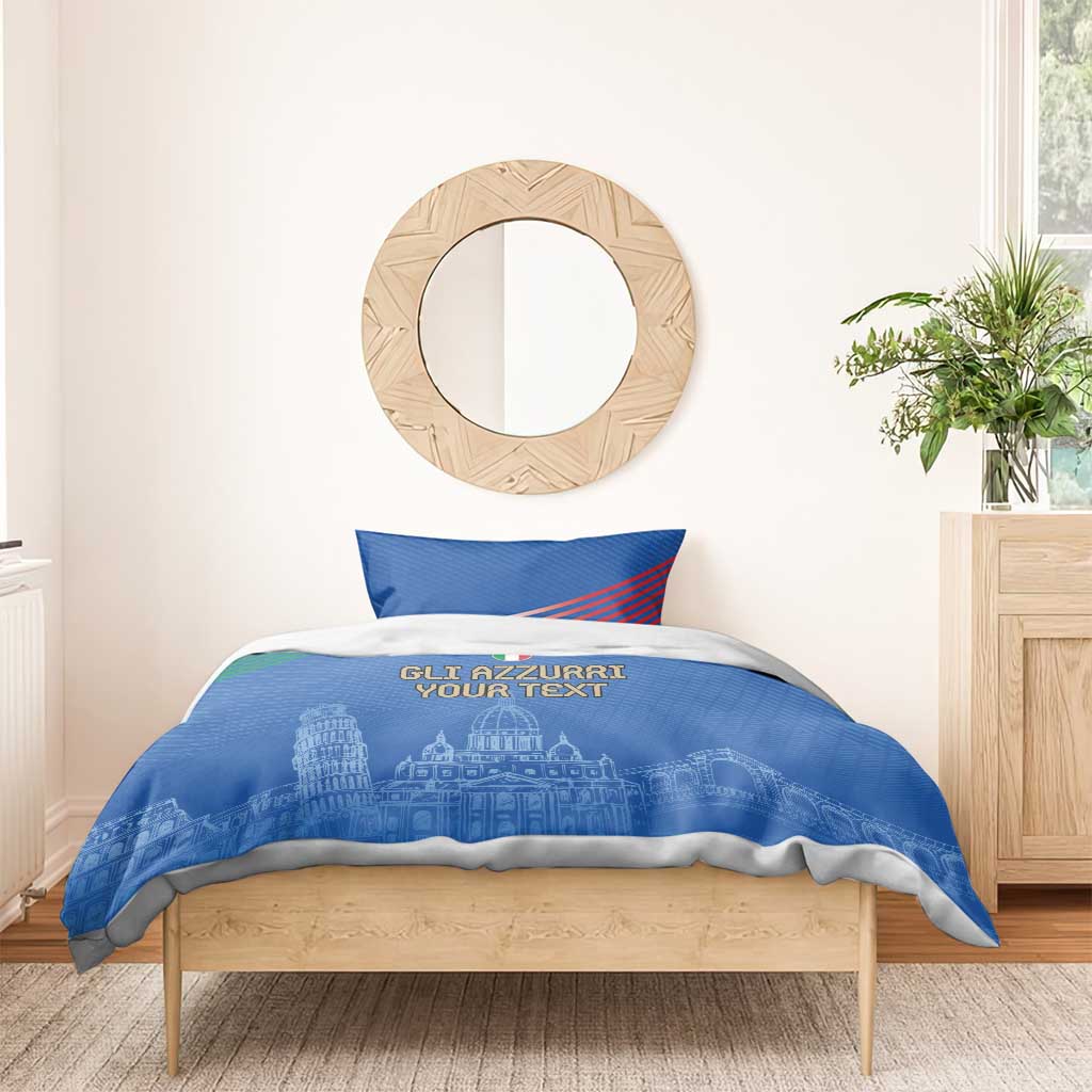 Blue Italy football bedding set with two pillows, “GLI AZZURRI” text, and skyline graphic