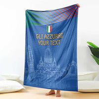 Blue football blanket with Italy crest, 'GLI AZZURRI YOUR TEXT' and Pisa-style skyline