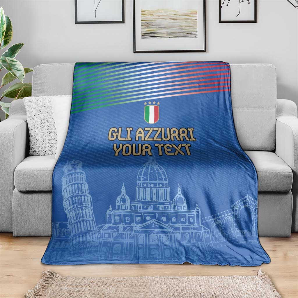 Blue football blanket on sofa with Italy crest, 'GLI AZZURRI YOUR TEXT' and Pisa tower print