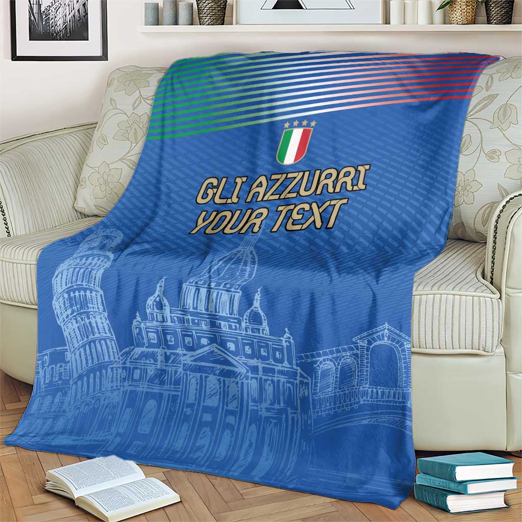 Blue football blanket on sofa with Italy crest, 'GLI AZZURRI YOUR TEXT' and Pisa skyline design