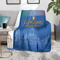 Blue football blanket on rug with Italy crest, 'GLI AZZURRI YOUR TEXT' Pisa tower skyline