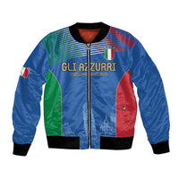 Blue football bomber jacket with front zipper, black rib trim, tricolor panels and tower graphic