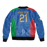 Blue football bomber jacket back with YOUR TEXT 21 print, tricolor panels and tower