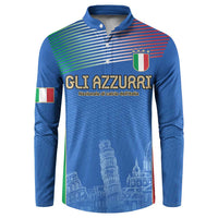 Blue button-up football sweatshirt with Italy flag trim and GLI AZZURRI front graphic