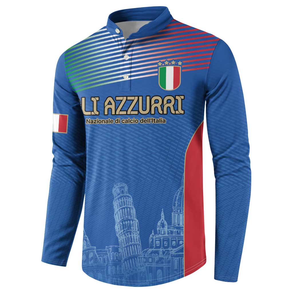 Blue button-up football sweatshirt with Italy shield logo and flag stripe sleeve accents