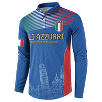 Blue button-up football sweatshirt with Italy shield logo and flag stripe sleeve accents