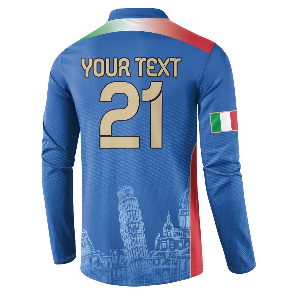 Blue back football sweatshirt with YOUR TEXT 21, Italy flag crest, and city skyline print