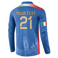 Blue back football sweatshirt with YOUR TEXT 21, Italy flag crest, and city skyline print