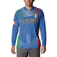Blue button-up football sweatshirt with GLI AZZURRI front print and city skyline artwork