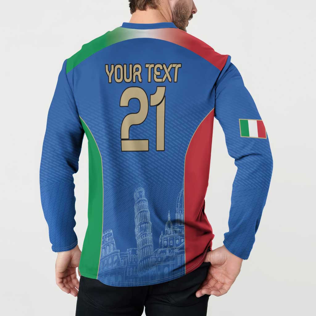 Blue back football sweatshirt with YOUR TEXT 21 and Italy flag panel