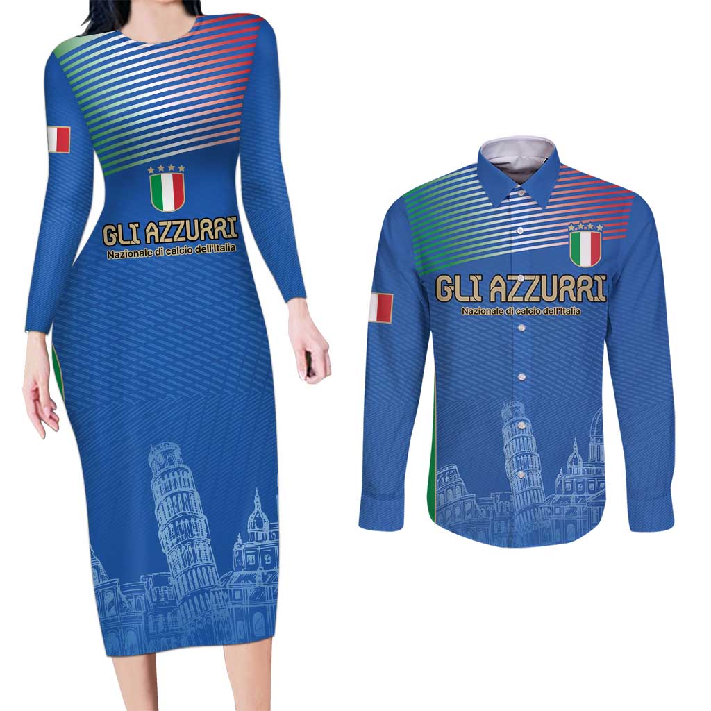 Custom Italy Football Couples Matching Long Sleeve Bodycon Dress and Long Sleeve Button Shirt Special Pisa Tower LT9 - Wonder Print Shop