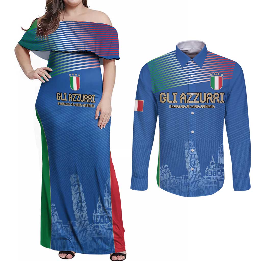 Custom Italy Football Couples Matching Off Shoulder Maxi Dress and Long Sleeve Button Shirt Special Pisa Tower LT9 - Wonder Print Shop