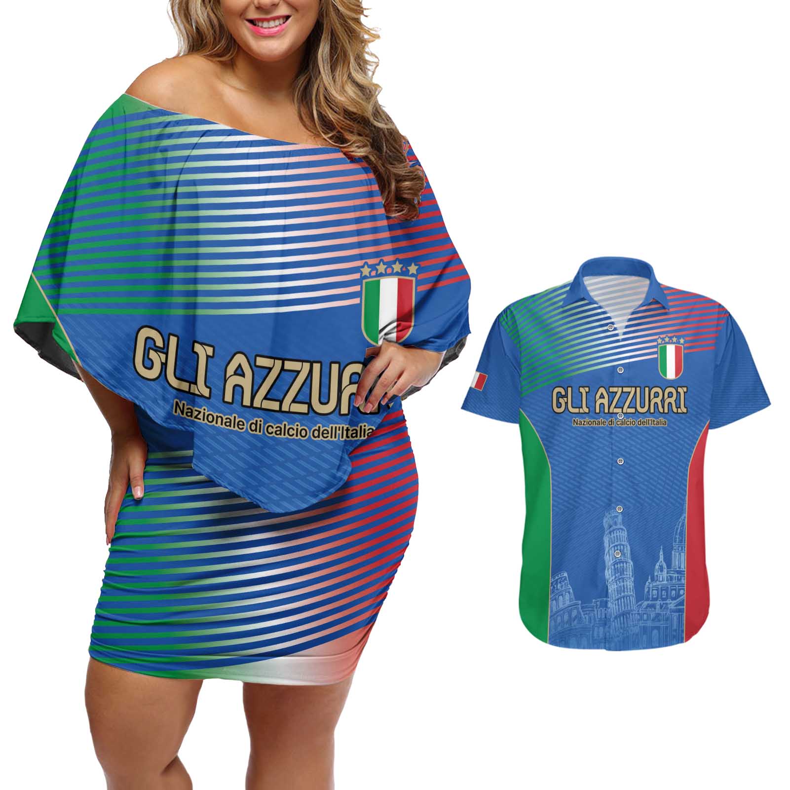 Custom Italy Football Couples Matching Off Shoulder Short Dress and Hawaiian Shirt Special Pisa Tower LT9 - Wonder Print Shop