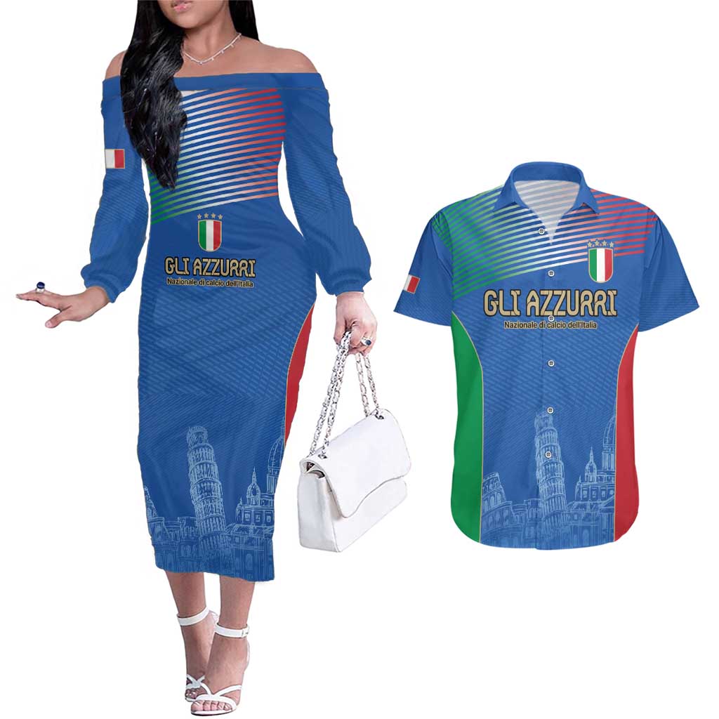 Custom Italy Football Couples Matching Off The Shoulder Long Sleeve Dress and Hawaiian Shirt Special Pisa Tower LT9 - Wonder Print Shop