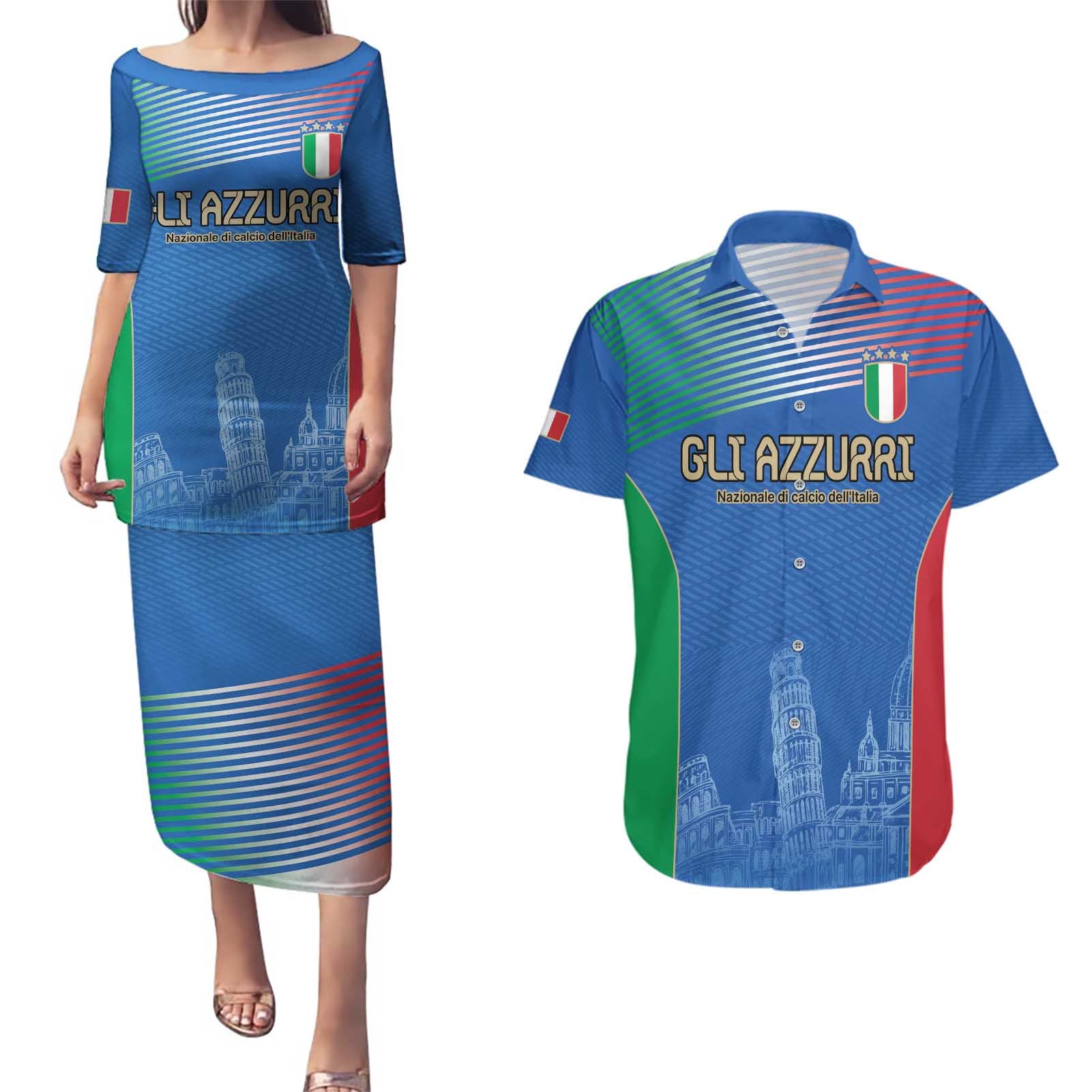 Custom Italy Football Couples Matching Puletasi and Hawaiian Shirt Special Pisa Tower LT9 - Wonder Print Shop