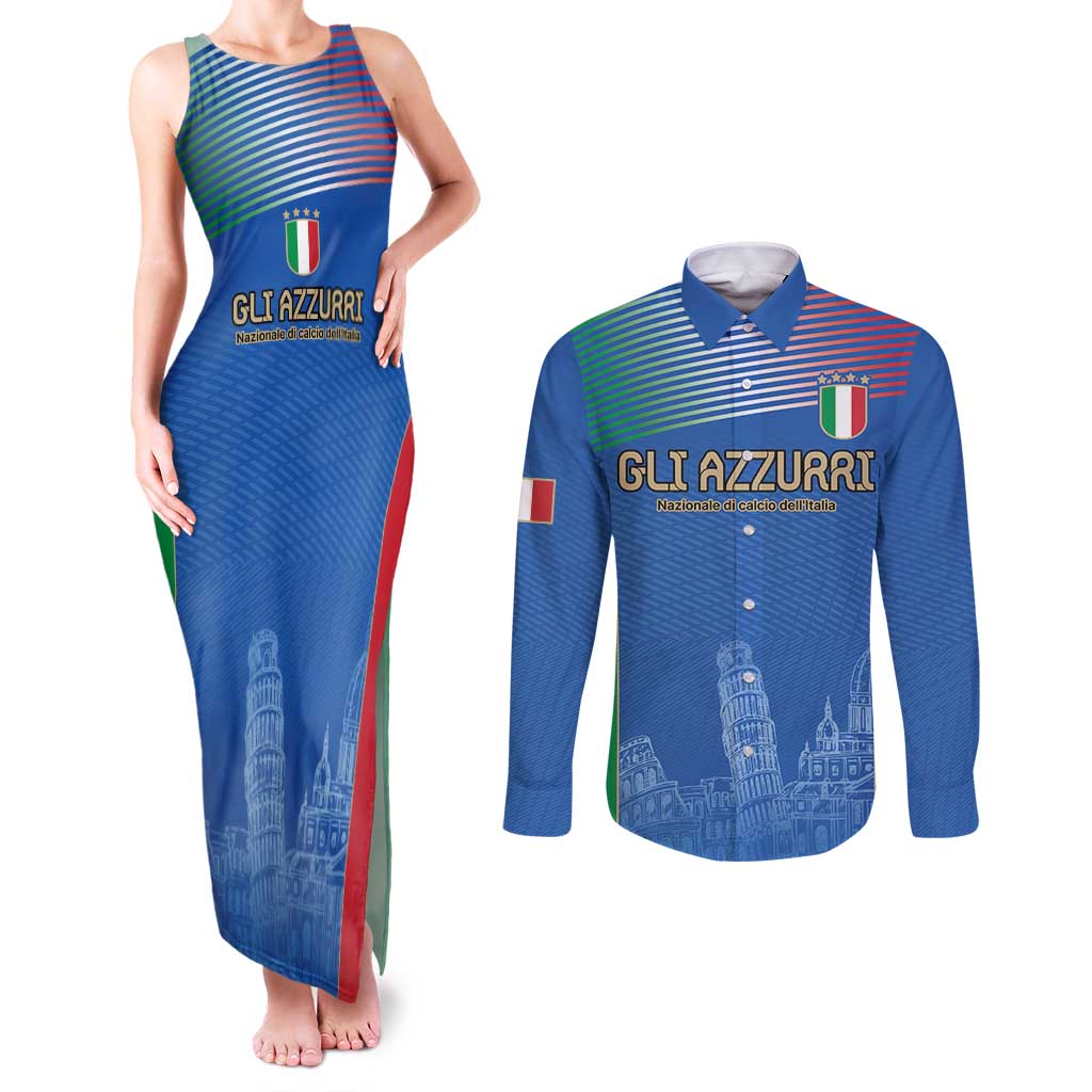 Custom Italy Football Couples Matching Tank Maxi Dress and Long Sleeve Button Shirt Special Pisa Tower LT9 - Wonder Print Shop