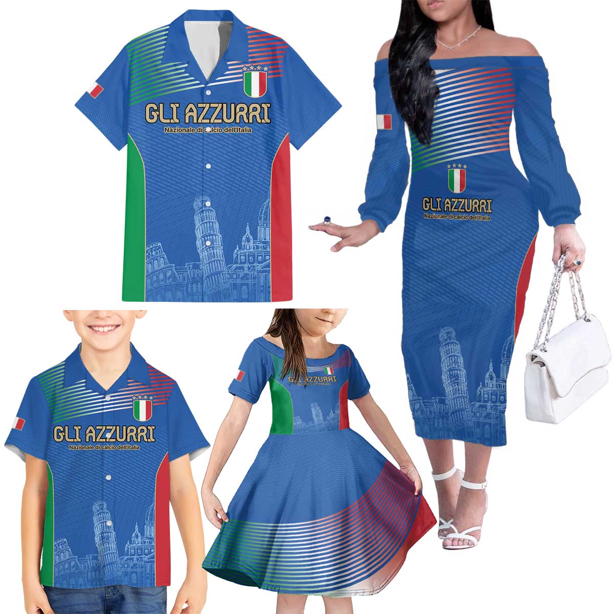 Custom Italy Football Family Matching Off The Shoulder Long Sleeve Dress and Hawaiian Shirt Special Pisa Tower - Wonder Print Shop