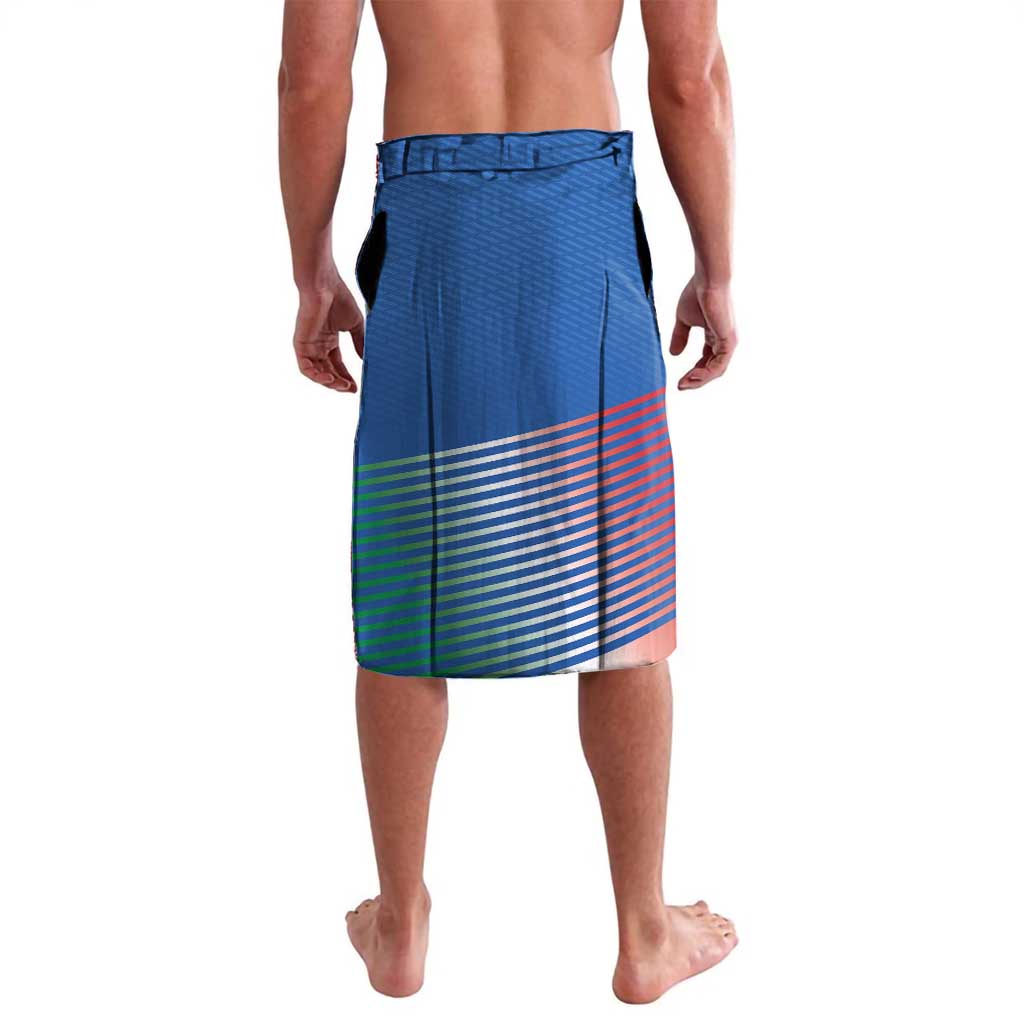 Blue knee-length sarong with multicolor striped hem and side slit.
